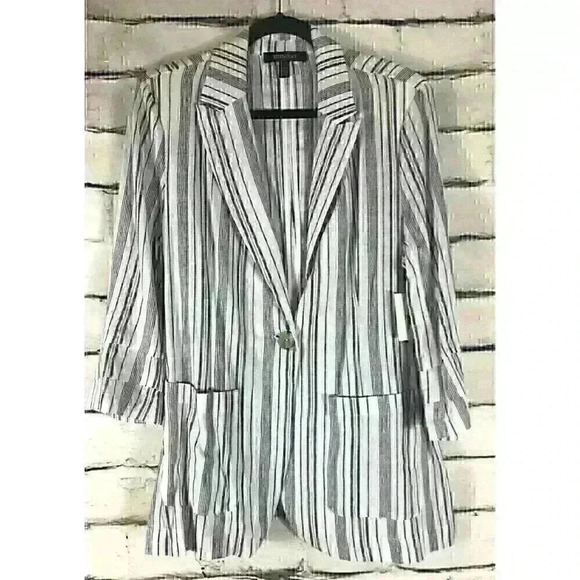 Ellen Tracy Jackets & Blazers - NWT Ellen Tracy Women Sz M White Black Striped Long Sleeve 1 Button Blazer Linen